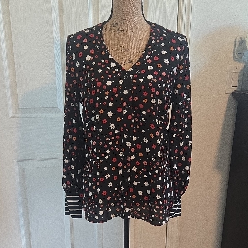 CAbi Black and Red Floral Blouse